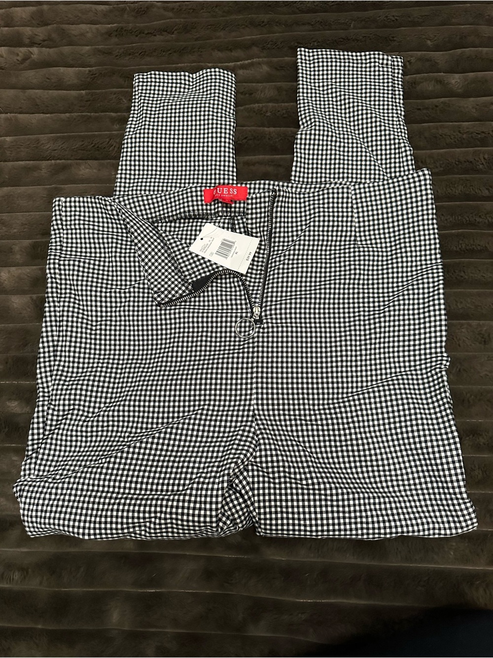 Guess Black & White Gingham Jumpsuit with Ring-Zip